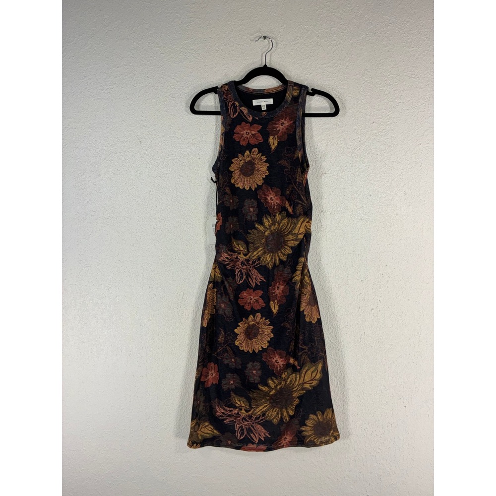 Cleo + Wolf Floral Mesh Mini Dress Black Sunflower Ruched Bodycon XS CLFA22D28